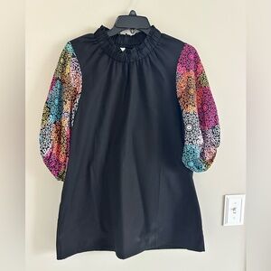 Black Cotton Blouse with Colorful Patterned Sleeves